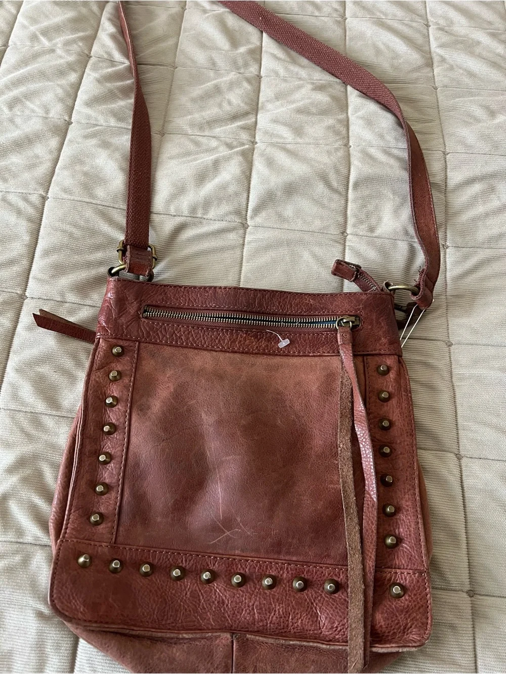 Lucky Brand Brown Leather Studded Crossbody Shoulder Bag Boho